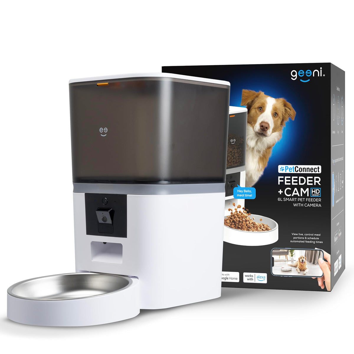 Geeni 6L Smart Pet Feeder with Camera 1080p HD Night Vision Two-Way Audio Pre-Recorded Messages WiFi Enabled Voice Control with Alexa & Google Home Automatic Cat & Dog Food Dispenser White