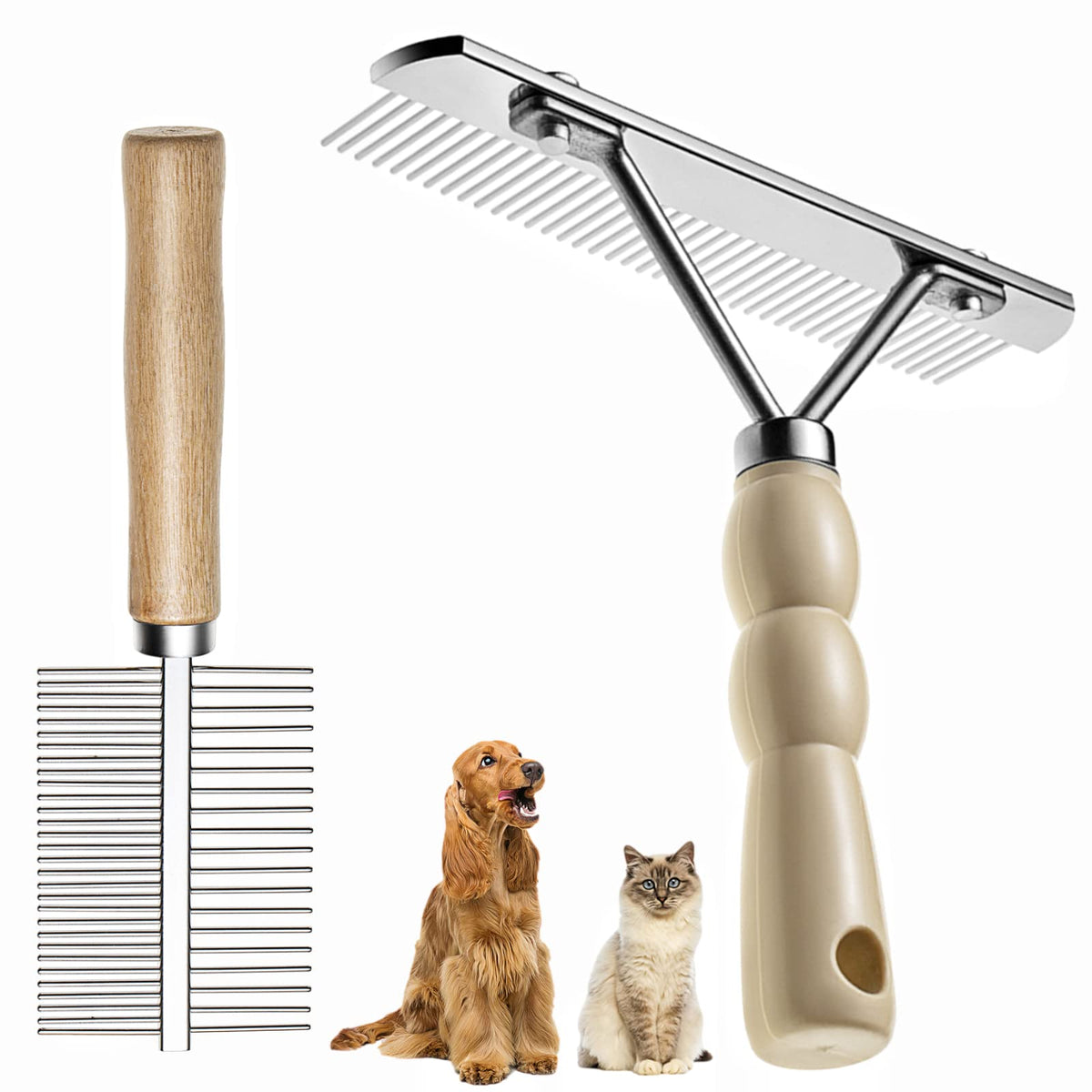 Dog Undercoat Rake Set — Double-Sided Deshedding Brush & Flea Comb for Long-Haired Dogs
